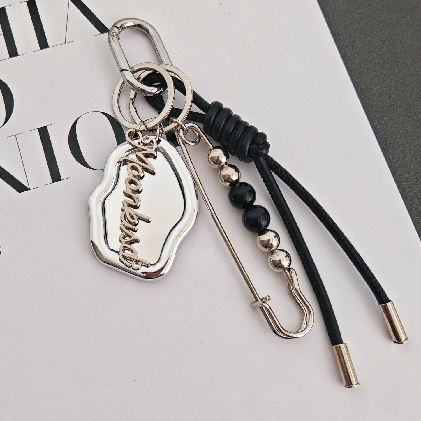 Monochrome Mirror Bag Charm — Silver Frame