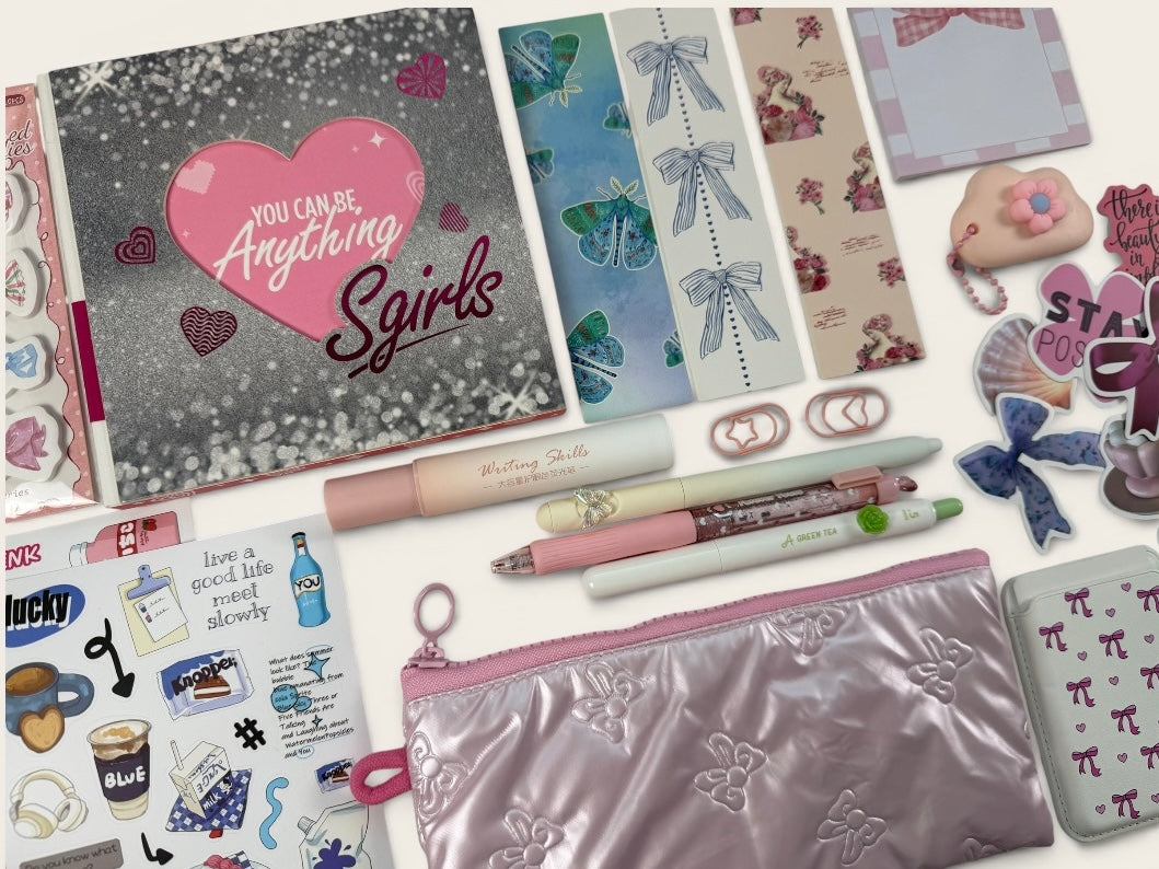 Silver Pink Stationery Box – Cute Planner Set, Stickers, Pens & Desk Accessories Gift Box