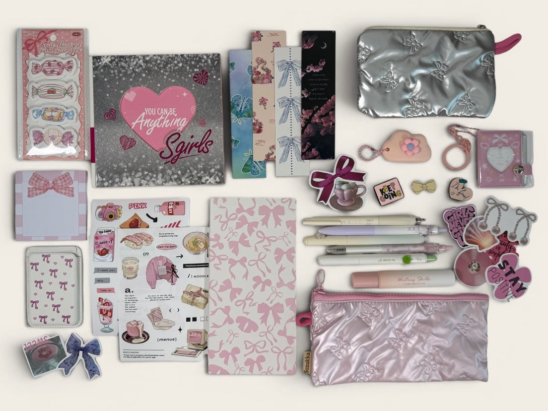 Silver Pink Stationery Box – Cute Planner Set, Stickers, Pens & Desk Accessories Gift Box