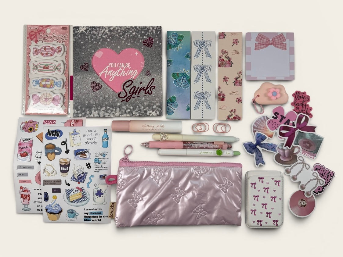 Silver Pink Stationery Box – Cute Planner Set, Stickers, Pens & Desk Accessories Gift Box