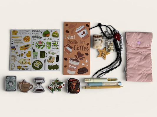Coffee Lover Stationery Gift Box – Cute Coffee-Themed Desk Set with Pens, Stickers, Pouch & Keychain
